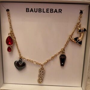 BaubleBar Gold Tone Necklace With Gothic Charms Bat Moon,Coffin, Heart & Boo NIB